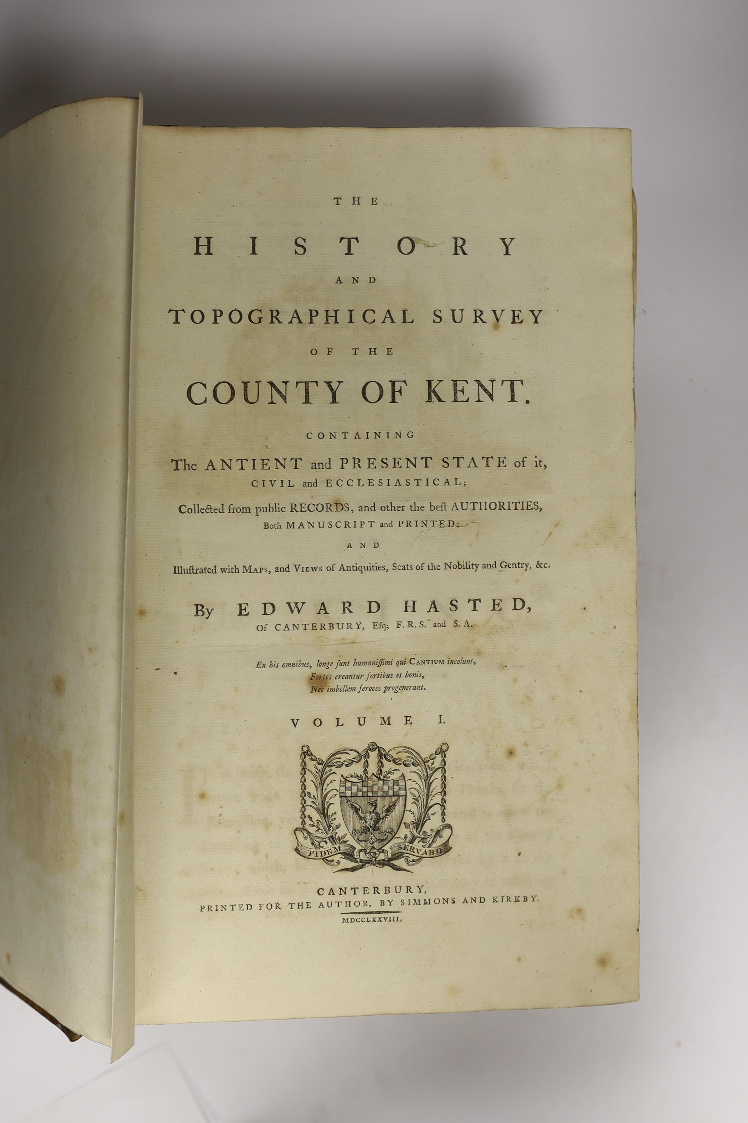 Hasted, Edward - A History and Topographical Survey of the County of Kent...first edition. vols. 1-3 only (of 4). a few text illus., but all the engraved maps and plates have been removed; contemp. tree calf with panelle